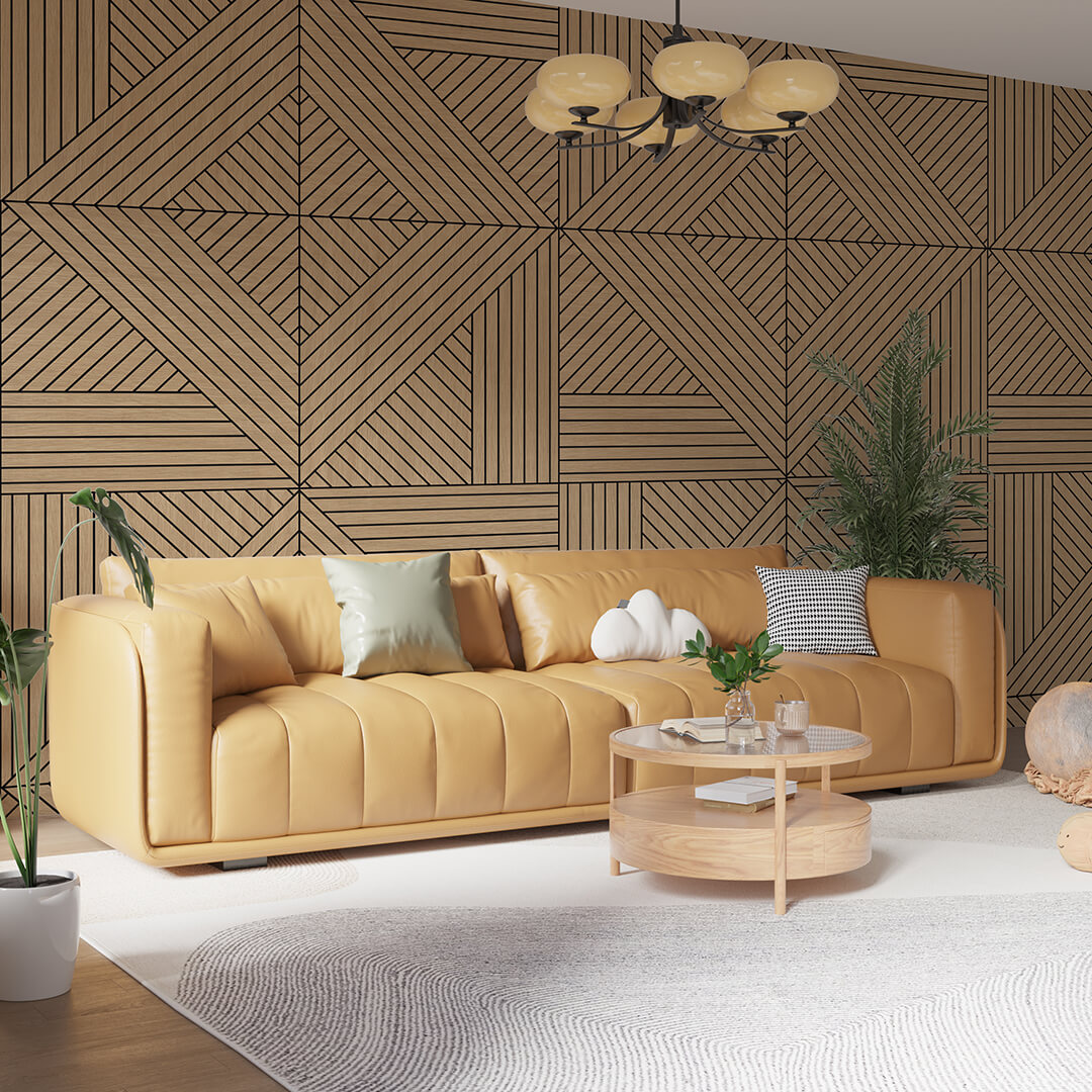 Pannelli fresati in rovere con motivo geometrico per rivestimento parete
